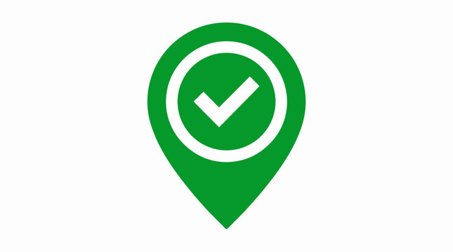 Green check mark inside location pin icon, symbol of confirmed destination or approved place on white background.