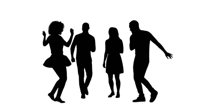 Four silhouettes dancing together in a line isolated on transparent background, Vector