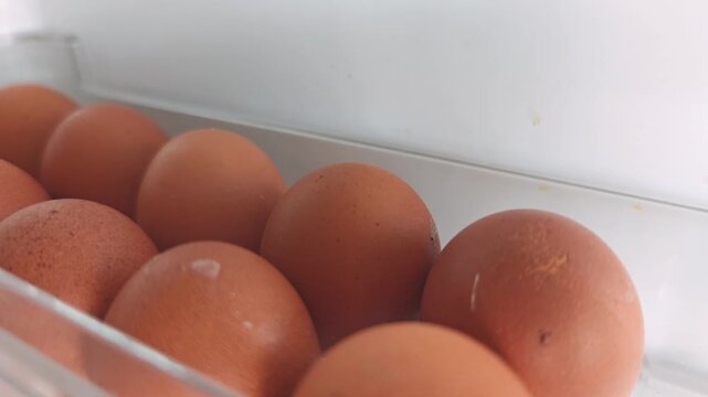 Brown eggs arranged in a clear container inside a refrigerator, showcasing the gradual shift in perspective and positioning across the frames