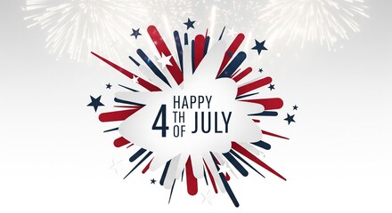 Obraz premium Happy 4th of July graphic with red white and blue abstract explosion and fireworks on white background, patriotic celebration design