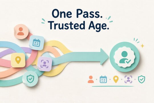 Digital age verification workflow infographic with trust icons and directional arrow for secure identity validation