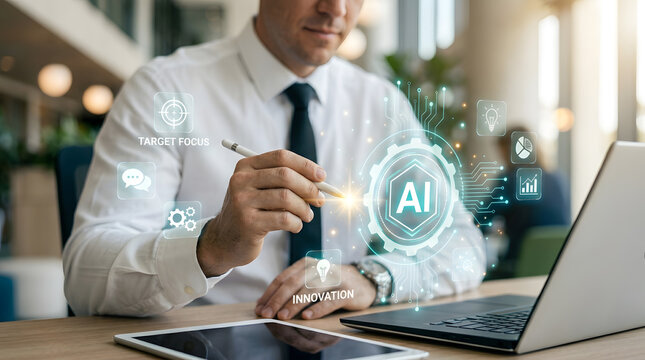 Digital Frontier of AI: A focused individual in a professional setting engages with the technological marvel of artificial intelligence, utilizing a stylus to interact with an AI icon.