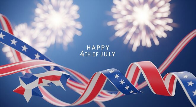 Abstract 3D rendering of patriotic red white and blue ribbons and stars with blurred fireworks and text Happy 4th of July on a deep blue background, festive celebration concept