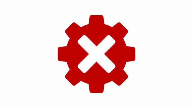 Red gear with cross symbol, industrial error concept, system failure icon, machine problem sign, technology malfunction indicator.