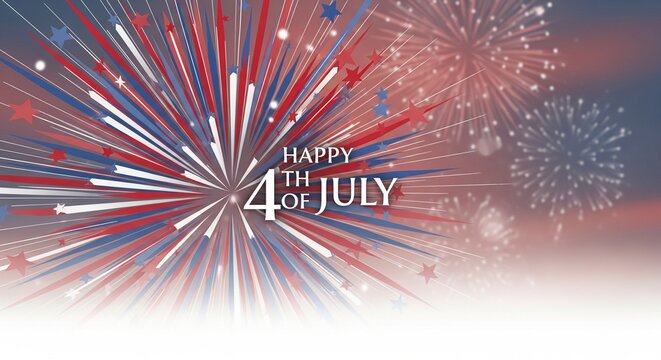 Happy 4th of July text with red white and blue abstract starburst and fireworks exploding in a night sky illustration
