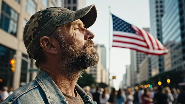 A thoughtful military veteran in a camouflage cap looking up with the American flag in the background.