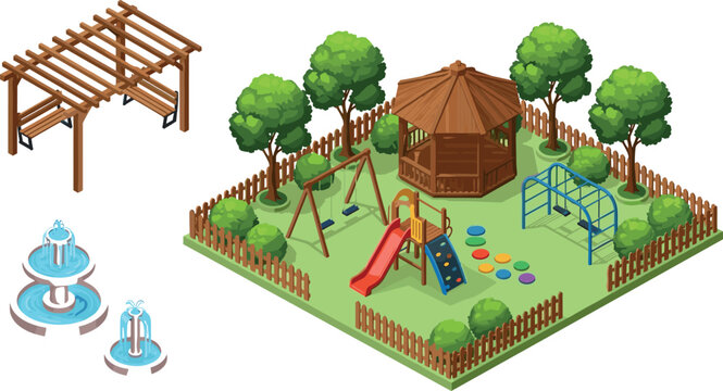 Isometric public park playground vector set with gazebo fountain pergola trees swings slide and outdoor recreation equipment
