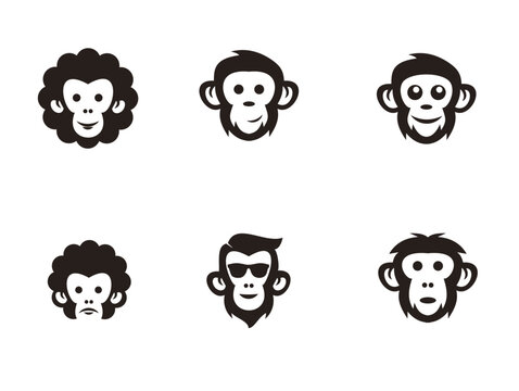 Set of diverse monkey head logos and ape face icons. Collection features stylized primate mascots with various expressions