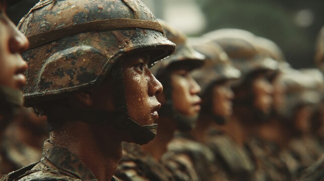 Close Up Portrait of Brave Soldiers Standing in Line During Intense Military Training Drill in the Rain with Camouflage Uniforms and Helmets Reflecting Determination and Discipline