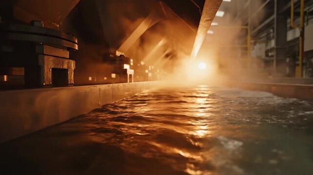 Industrial Liquid Flowing in Factory Trough With Steam and Warm Light