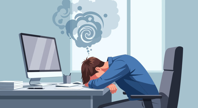 Burnout Office: Overwhelmed Employee Working At The Table And Feeling Stressed