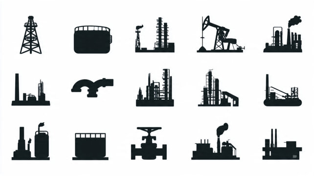 Industrial Oil Rig Silhouette Icons.
