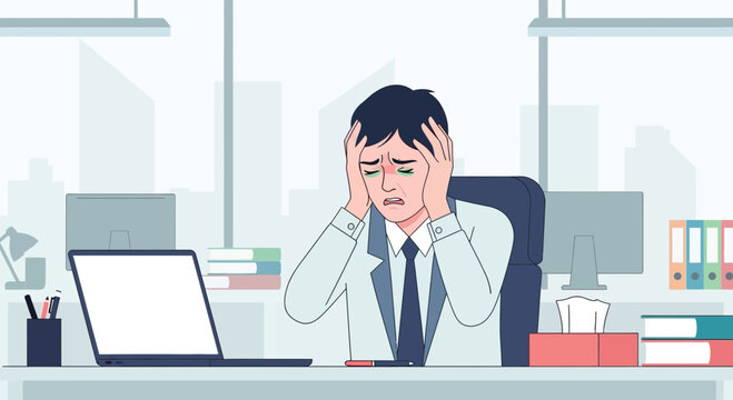 Business Employee Dealing with Headaches and Overwhelming Stress at Work Illustration