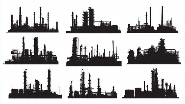 Industrial factory silhouettes at night.