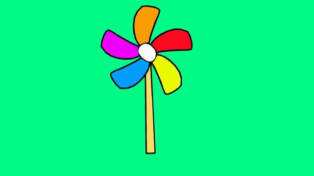 Colorful Toy Pinwheel Spinning Animation on Green Screen Background for Childhood and Energy Concept.