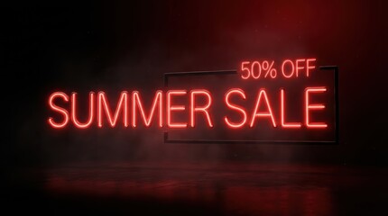 Obraz premium Red neon summer sale sign with fifty percent discount on a dark smoky background.