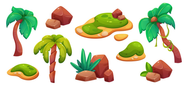 Cartoon game asset with tropical palm tree and jungle plants on floating island platform. Vector illustration of beach sand, ocean rocks and lush forest elements for mobile UI design.
