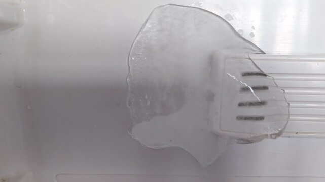 Ice block melting on a refrigerator shelf, revealing water droplets and a slotted plastic spatula, showcasing gradual change in texture and form over time