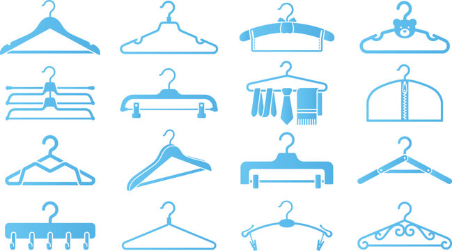 Collection of blue clothing hangers and accessories for organizing wardrobe and displaying apparel.