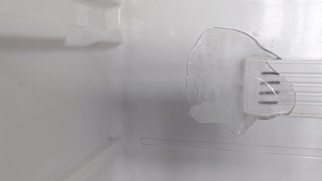 Ice melting inside a refrigerator compartment, showing gradual water formation and dripping from the ice, with a clean white interior and visible drainage grid