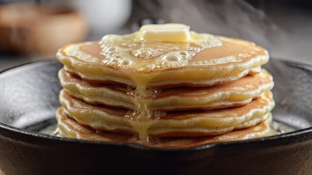 Delicious Stack of Pancakes with Melting Butter and Syrup.