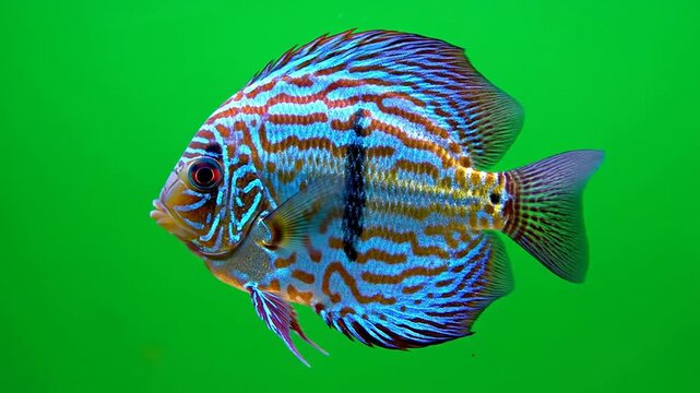 Vibrantly Colored Discus Fish Swimming Gracefully Against A Bright Green Background, Ideal For Aquatic And Nature-Themed Projects