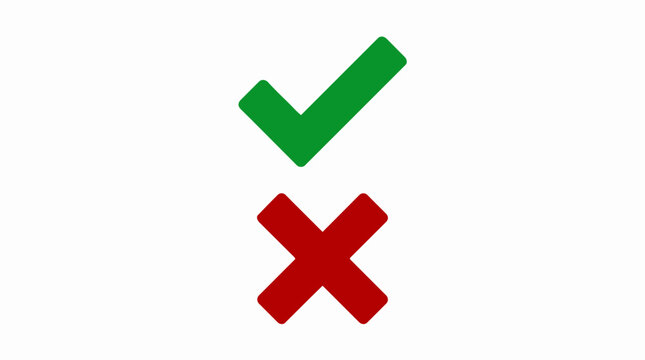 Green check mark and red cross symbol, right and wrong, correct and incorrect, yes and no, approval and rejection, true and false, options, choice.