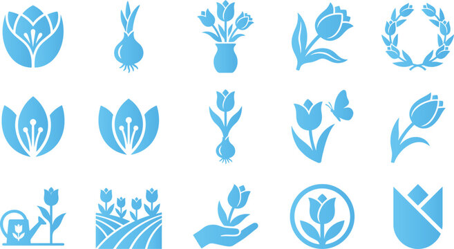 Set of blue tulip and flower icons showing bulbs blooms vases and gardening elements on white.
