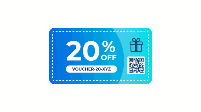 Discount voucher with QR code and gift icon on blue background