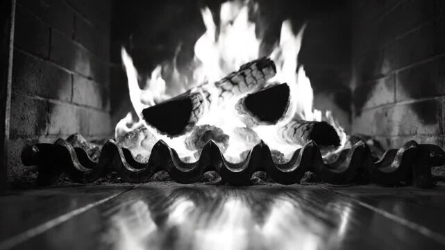 Cozy Black and White Fireplace with Burning Wood and Flickering Flames Creating a Warm and Relaxing Ambiance