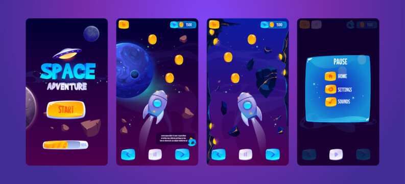 Space interface kit with cartoon UI elements for cosmic gaming projects. Mobile app screen with buttons design, menu bar, flying rocket gathering coins level visuals. Galaxy background with planets
