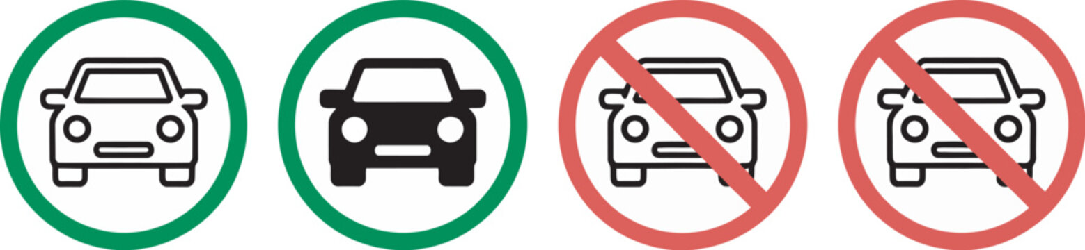 Vehicle, car auto line and silhouette icon set featuring automobile drive red and green road signs with permit and not allowed transportation symbols in clean vector style ideal for traffic systems,