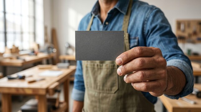 Carpenter holding blank business card in woodworking workshop