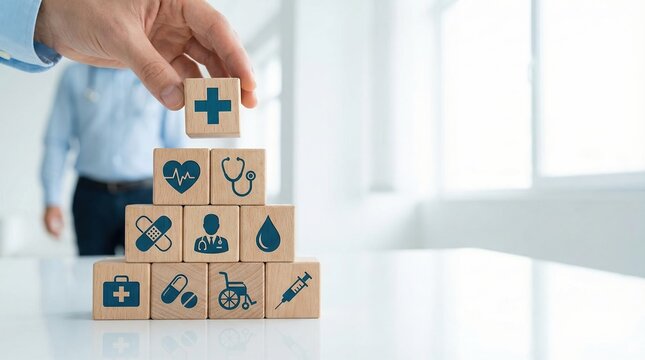 A hand placing a wooden block with a medical cross on top of a pyramid of healthcare icons representing insurance and wellness planning.