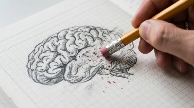 A hand erasing a pencil drawing of a human brain on grid paper representing memory loss and dementia.