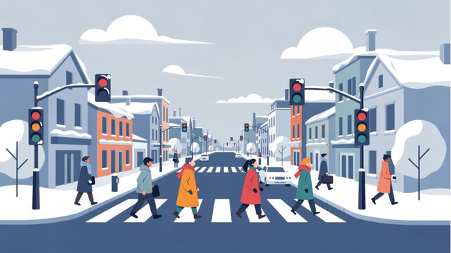 People Crossing Street in Winter.