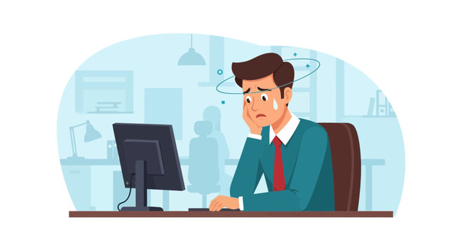 Business Employee Feeling Overwhelmed at the Computer, Experiencing Dizziness From Stress