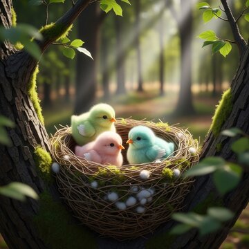 Three fluffy, pastel-colored hatchlings rest inside a woven nest situated within a mossy tree trunk