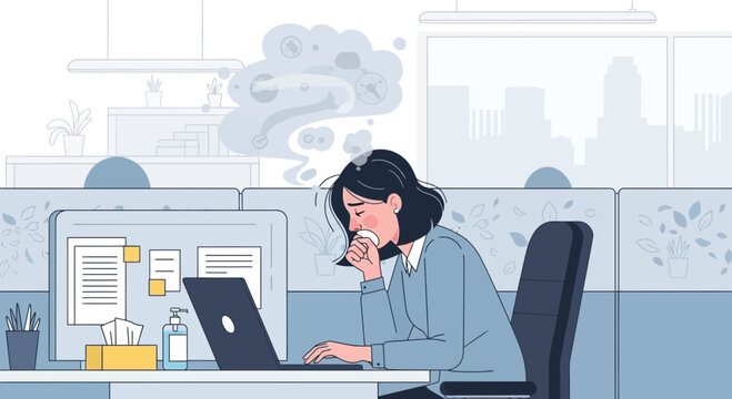 Business Employee Overcome By Illness Due To A Workplace Environment And Air Quality
