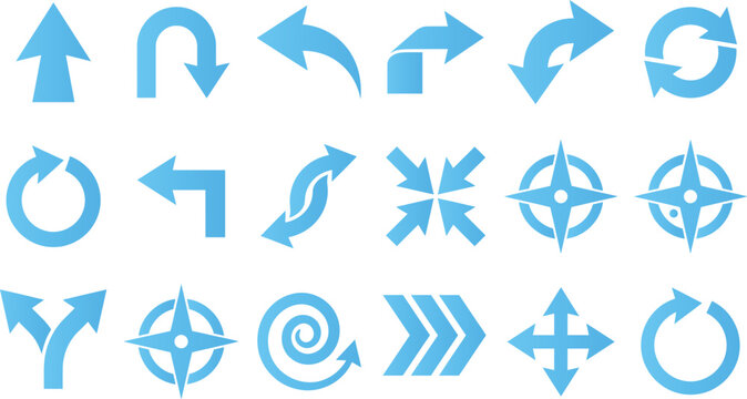 Set of blue directional and circular arrows indicating movement direction and navigation on white background.