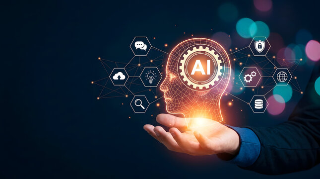 AI Head in Hand: A conceptual portrayal of artificial intelligence, with a glowing AI-enhanced head held gently in a hand, symbolizing the potential of advanced technology.