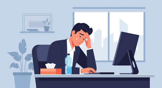 Business Stress And Overwhelm: A Depressed Businessman Working In Office Alone