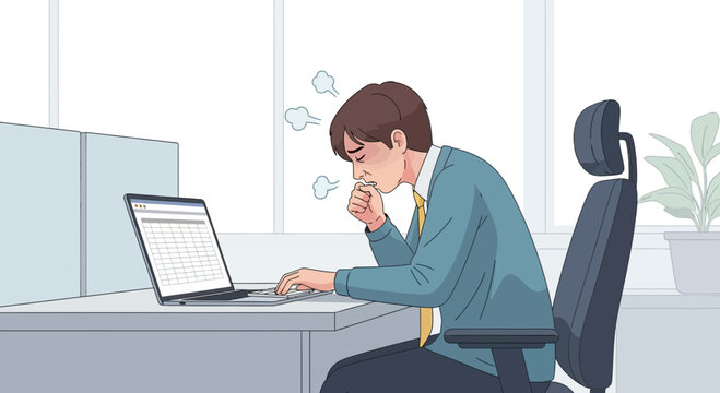 Business Employee Overwhelmed, Experiencing Cough While Working On Spreadsheet