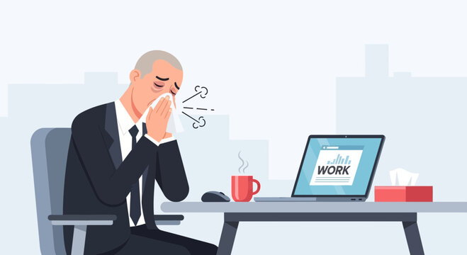 Business Employee Suffering Flu At Work, Sneezing While Trying To Do His Job