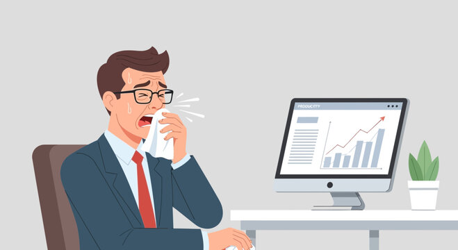 Business Employee Suffering Illness While Analyzing Upward Growth in a Company