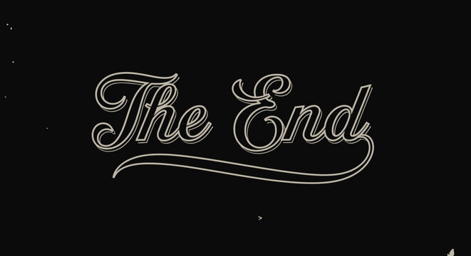 Decorative "The End" text in vintage script typography on a black background, final scene concept.