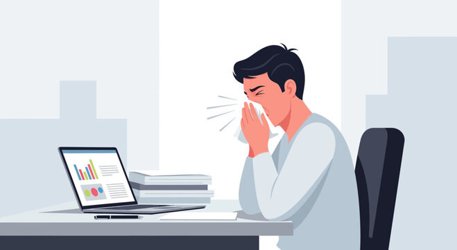 Business Employee Suffering Illness While Working on Laptop Computer at Office Desk