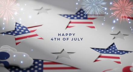 Obraz premium Happy 4th of July greeting with American flag stars and fireworks, patriotic holiday celebration concept, festive abstract background with copy space
