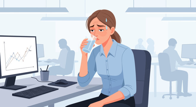 Businesswoman Feeling Overwhelmed at Her Desk, Drinking Water to Cope with Stress at Work