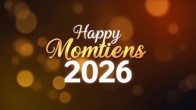 Golden Happy Momtiens 2026 greeting, elegant holiday celebration text on bokeh background, festive 2026 event typography with warm light effects